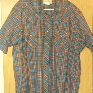 Wrangler Brown & Blue Plaid Short-Sleeve Pearl Snap Shirt
